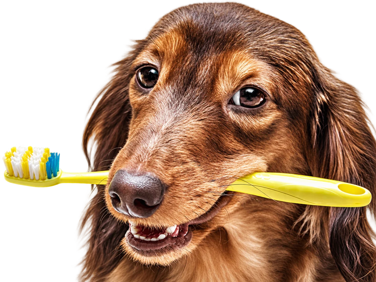 Cão dachshund segurando uma escova de dentes